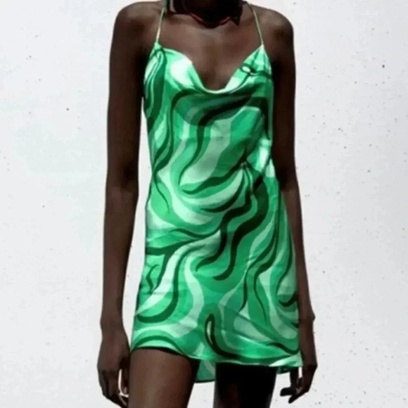 ZARA The Safia Mini Dress Retro 70s 80s Green Swirl Sze M Satin Spaghetti Strap - Picture 1 of 7
